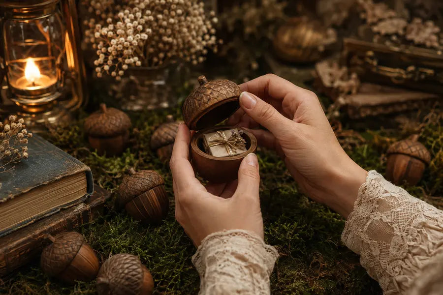 A wooden Mystery Acorn of Joy being opened by hand