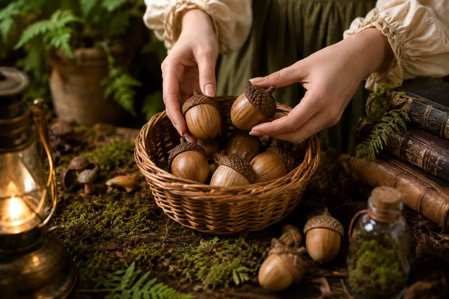 Wooden Mystery Acorns of Joy being gathered into a basket