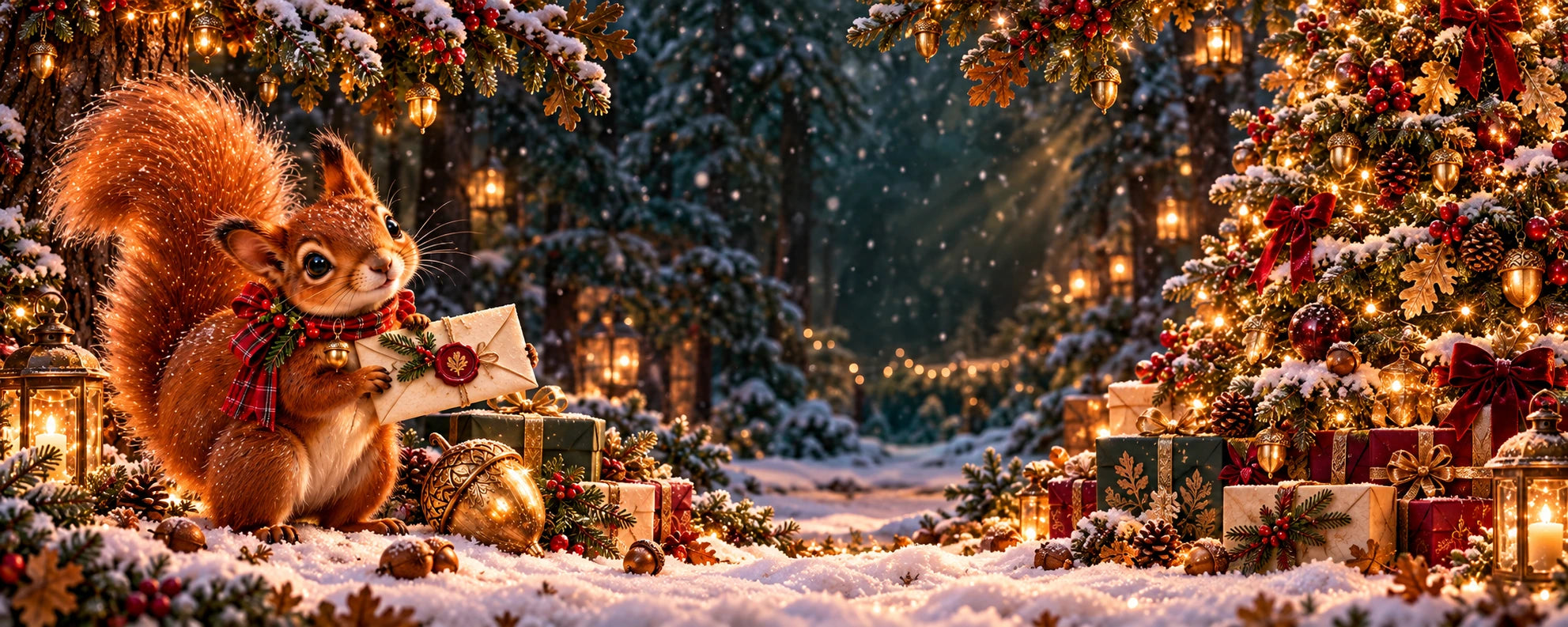 The Grove Messenger squirrel beside Christmas presents, golden acorns, and a glowing tree in a snowy woodland.